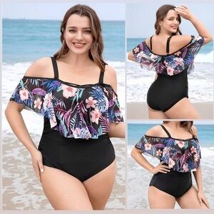 BloomChic One Piece Swimsuit Mesh Oversized Off The Shoulder Sleeves Floral Plus